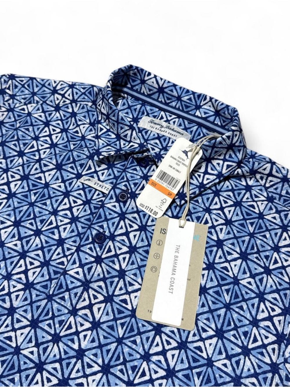 NEW Tommy Bahama The Bahamas Coast Polo Men’s S Blue Tropical Tiles Pattern $118